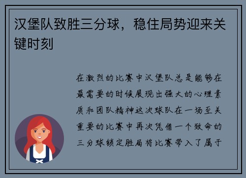 汉堡队致胜三分球，稳住局势迎来关键时刻
